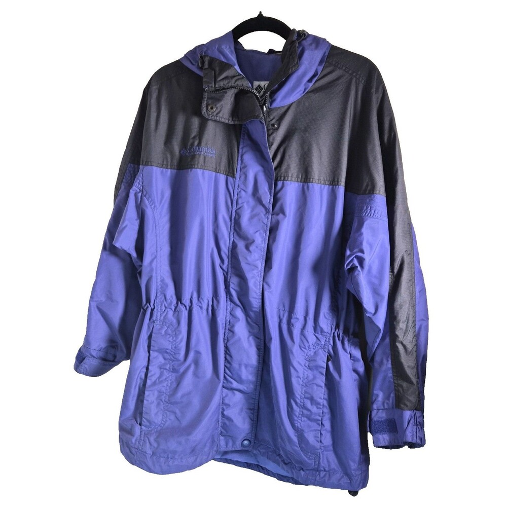 Vintage Columbia Womens Large Hooded Parka Jacket Blue Black Colorblock Elastic
